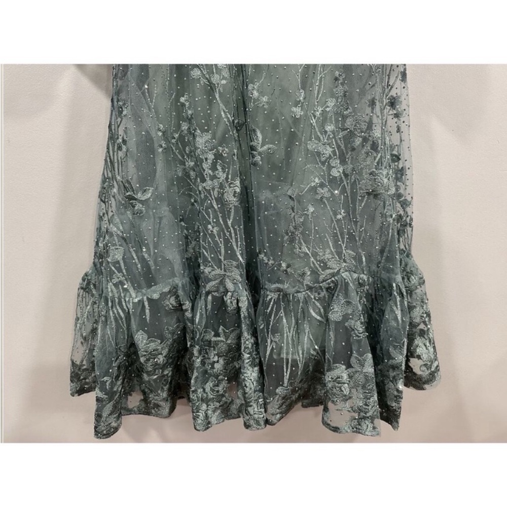 Mac Duggal 20512 Green V-Neck Mesh Puff Sleeve Embellished Tea Length Dress 6 - Picture 6 of 7